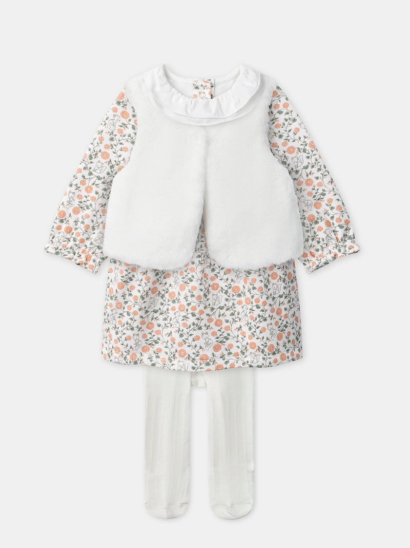 Ensemble robe imprimé fleuri + gilet + collant Naissance Fille