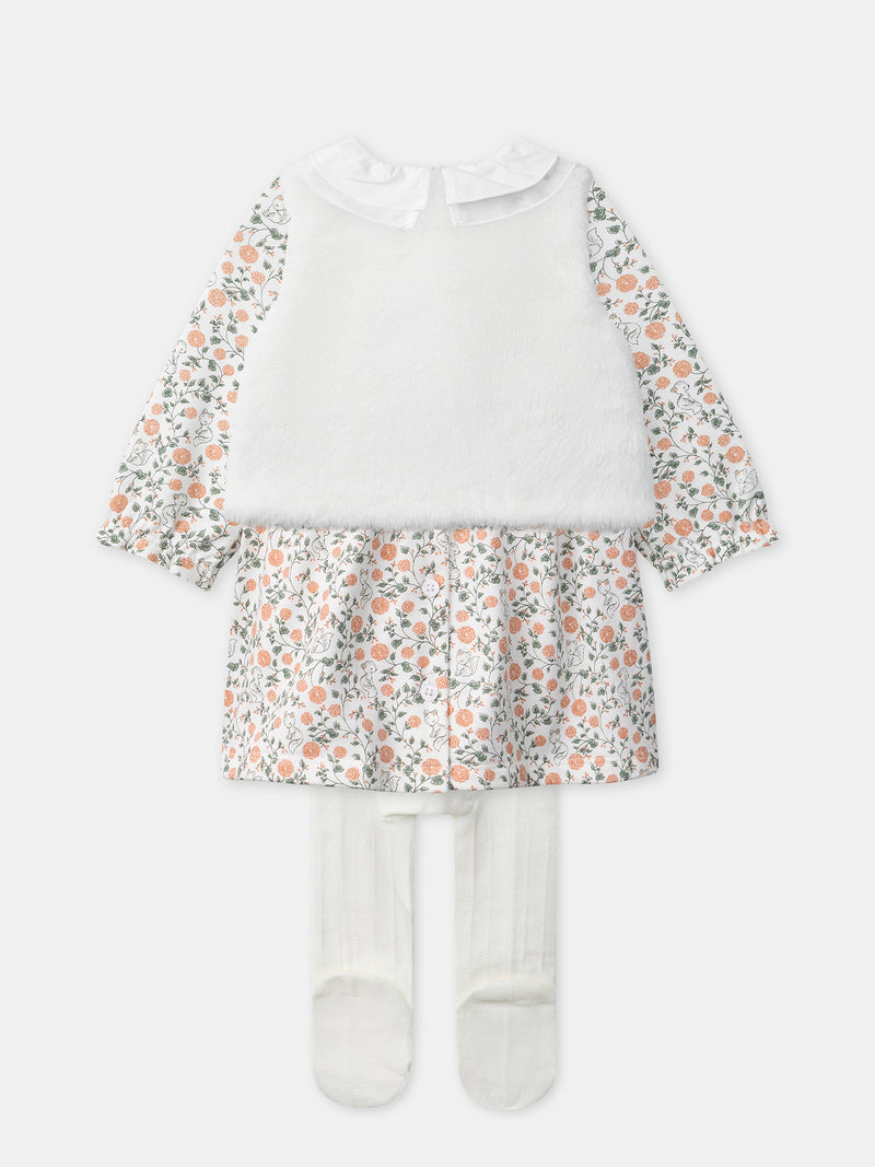 Ensemble robe imprimé fleuri + gilet + collant Naissance Fille
