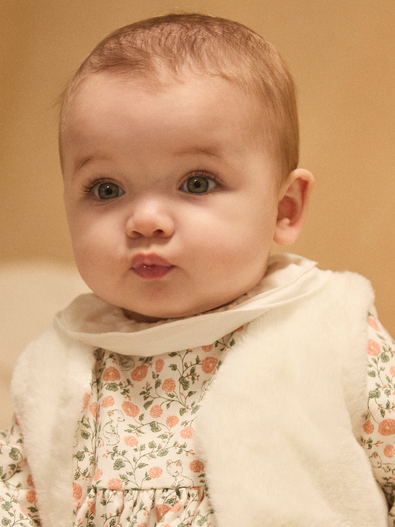 Ensemble robe imprimé fleuri + gilet + collant Naissance Fille