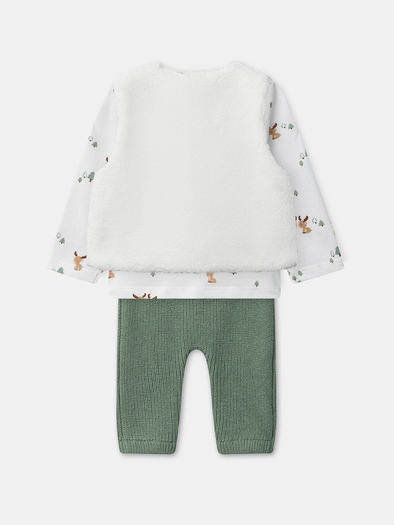 Ensemble t-shirt imprimé cerf + gilet + pantalon Naissance Garçon