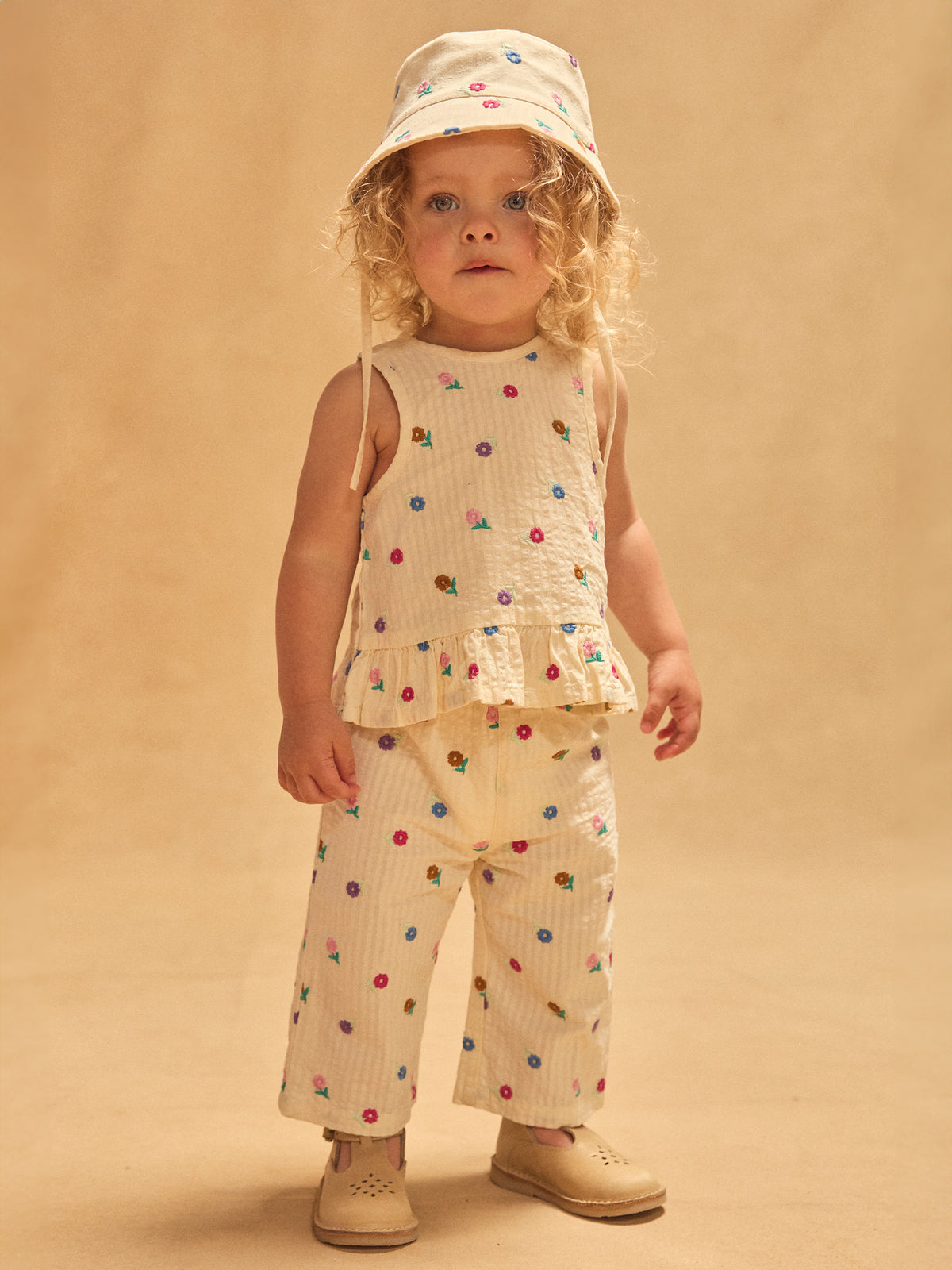 Pantalon écru à broderies fleurs Bébé Fille