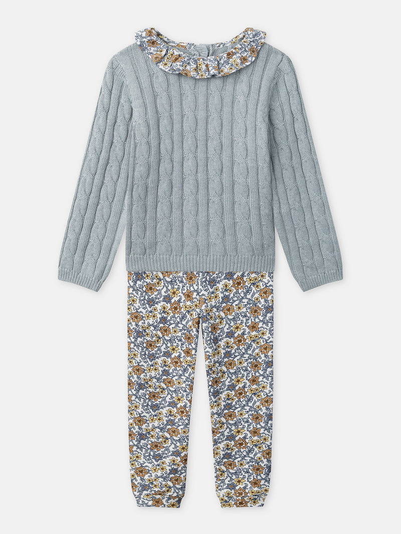 Ensemble pull bleu grisé et legging imprimé fleuri Bébé Fille
