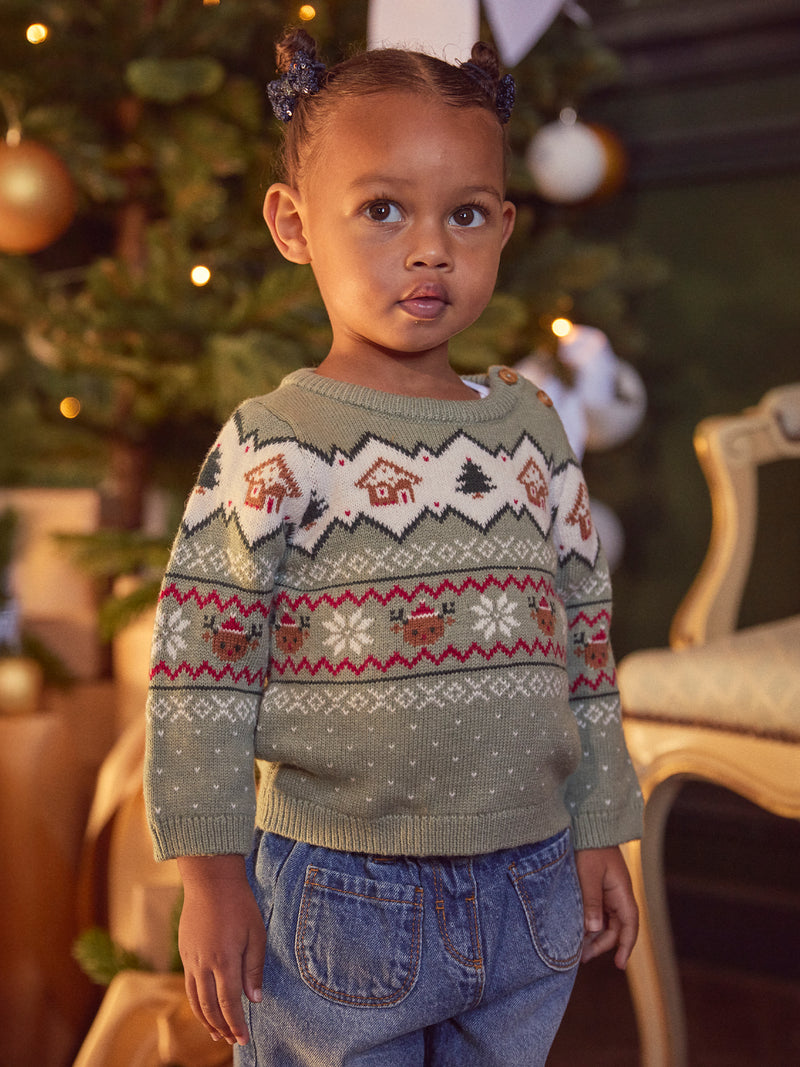 Pull de noël vert sauge Bébé Mixte