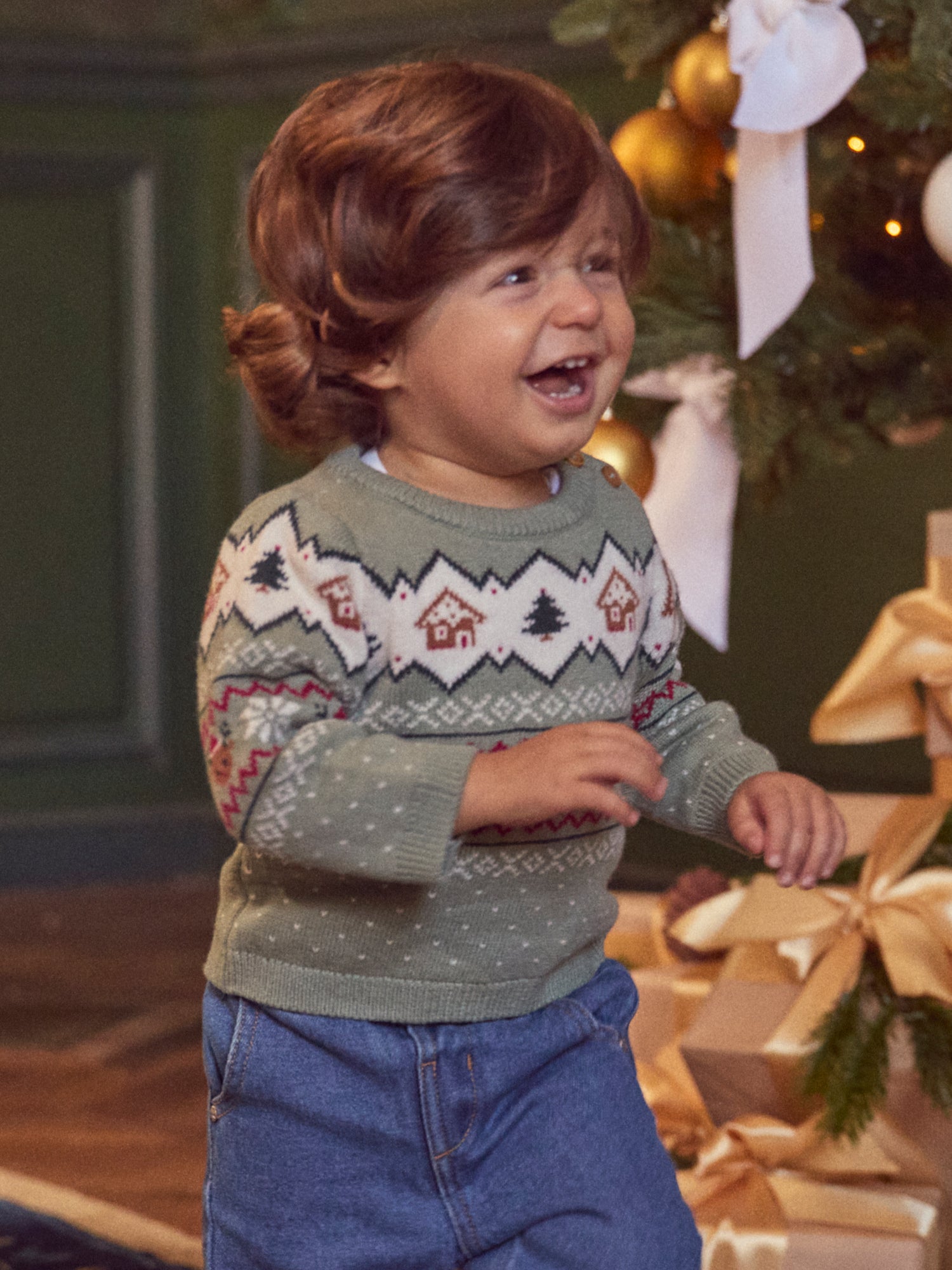 Pull de noël vert sauge Bébé Mixte