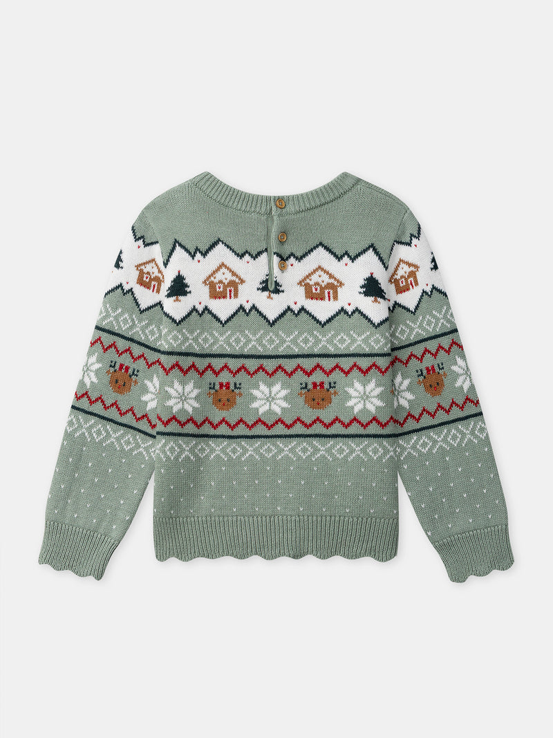 Pull de noël vert sauge Fille
