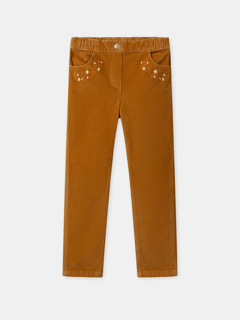 Pantalon marron en velours à broderies fleurs Fille