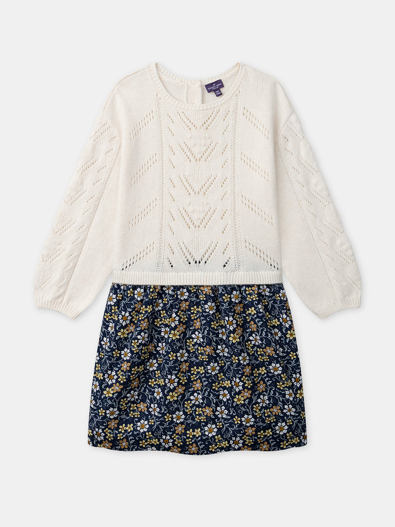 Robe bi-matière pull écru et bas imprimé fleuri Fille