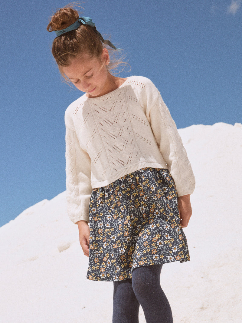 Robe bi-matière pull écru et bas imprimé fleuri Fille