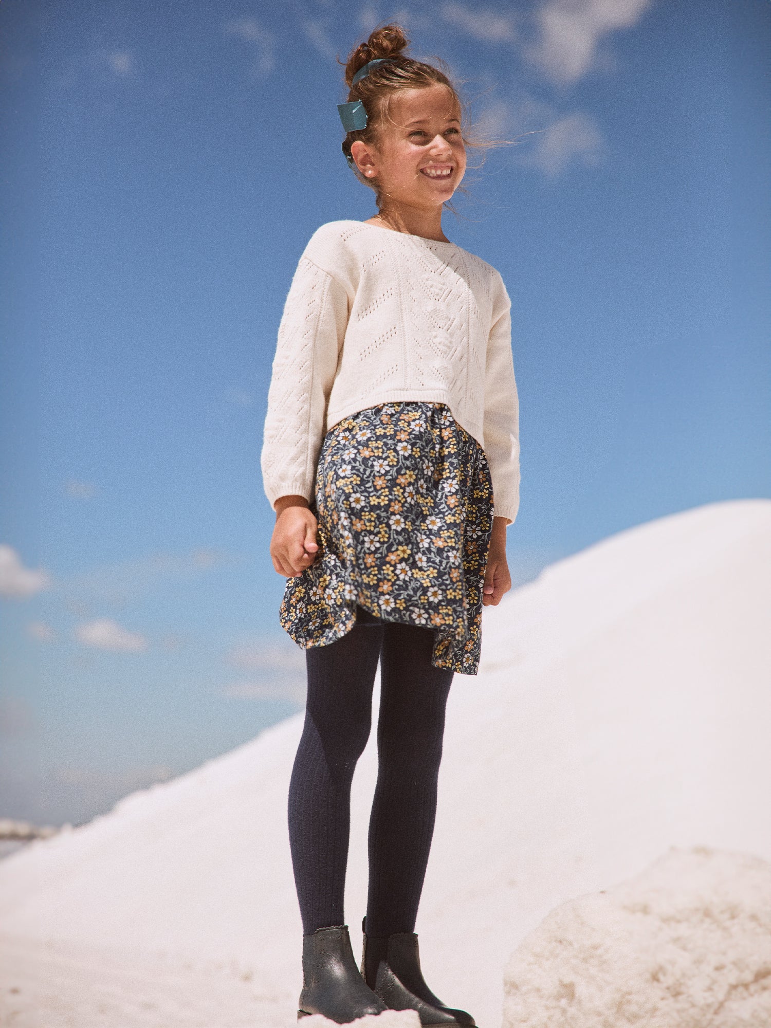 Robe bi-matière pull écru et bas imprimé fleuri Fille