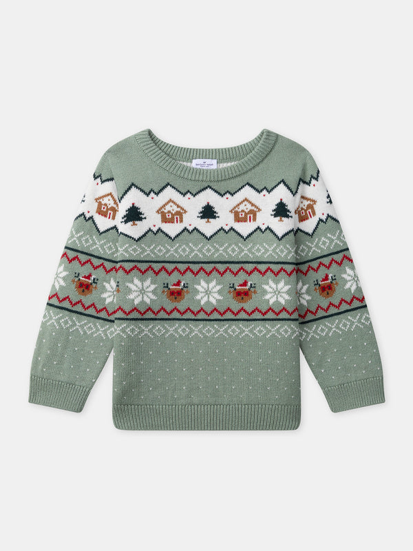 Pull de noël vert sauge Garçon