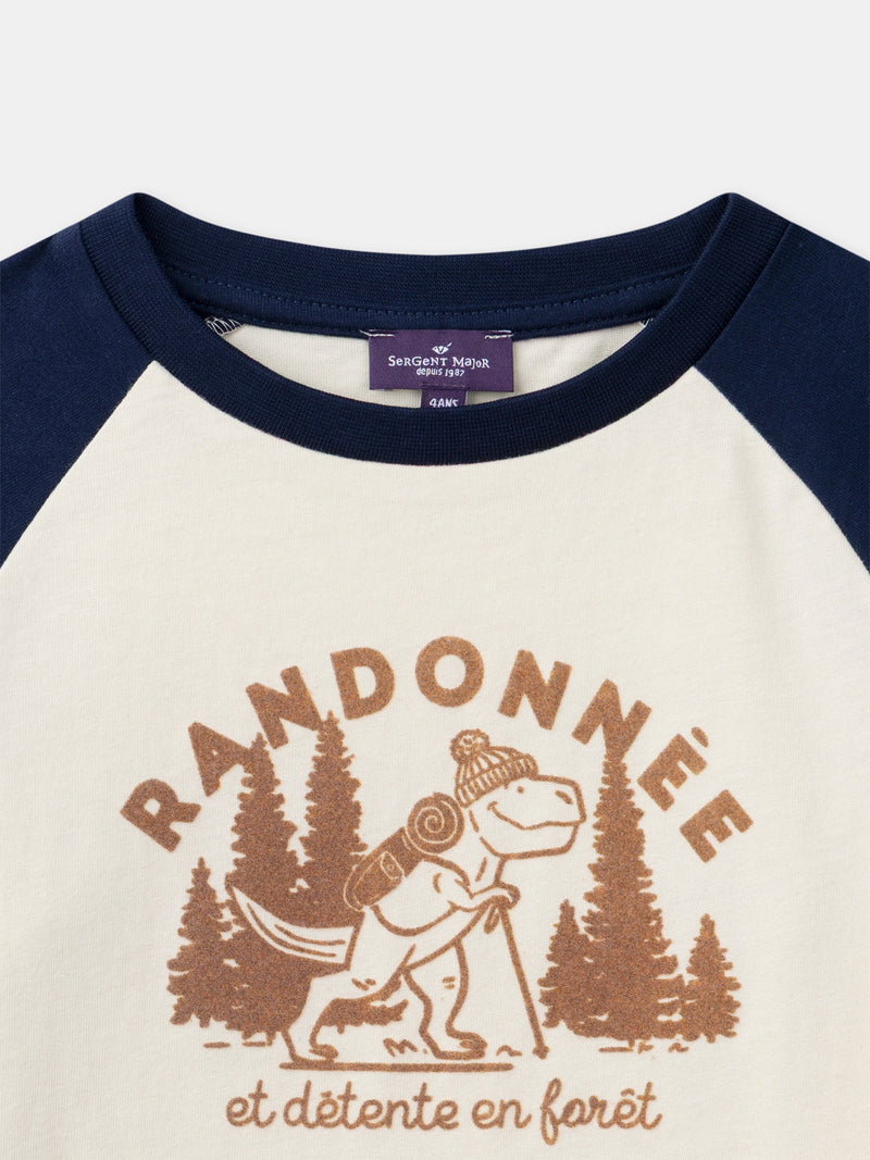 T-shirt bleu et écru imprimé dinosaure à manches longues Garçon
