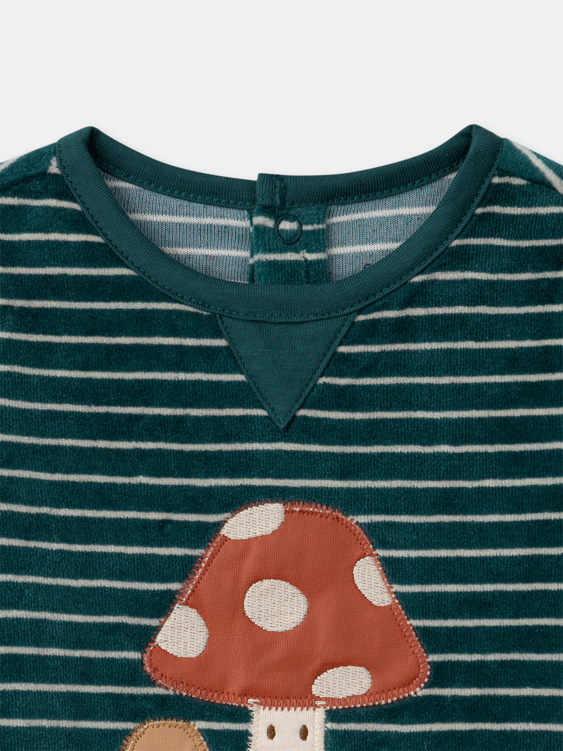 Grenouillère verte en velours à rayures et broderies champignons Bébé Garçon