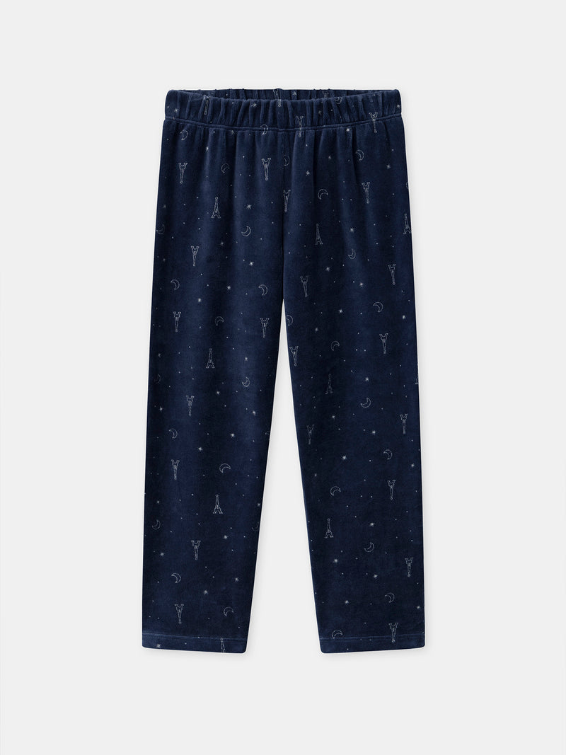 Pyjama bleu nuit en velours imprimé tour Eiffel Fille