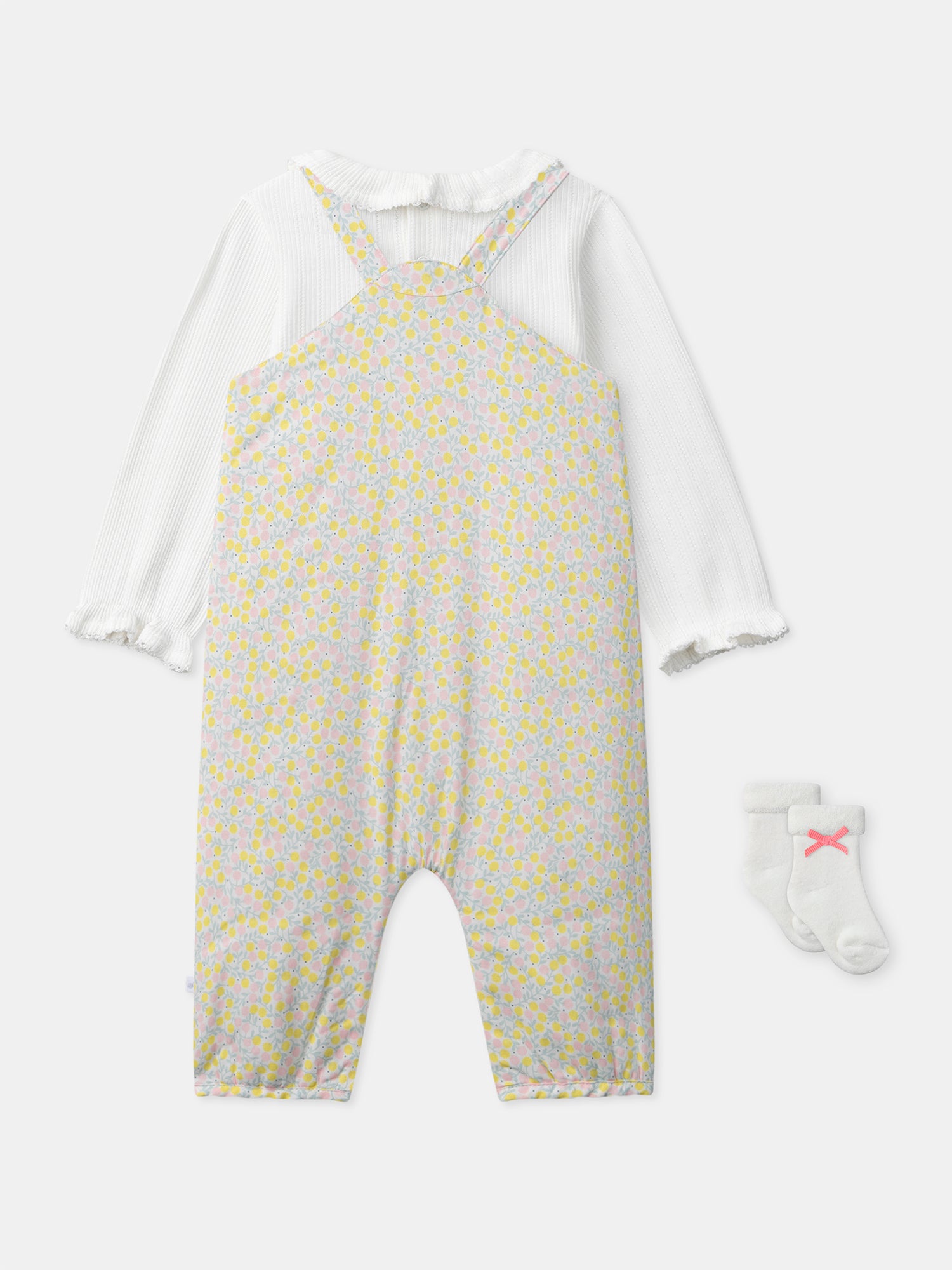 Ensemble combinaison fleuri + body écru + chaussettes à ruban Naissance Fille