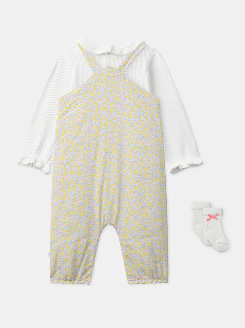 Ensemble combinaison fleuri + body écru + chaussettes à ruban Naissance Fille