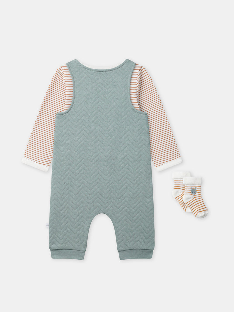 Ensemble salopette bleu grisée + body rayé + chaussettes Naissance Garçon
