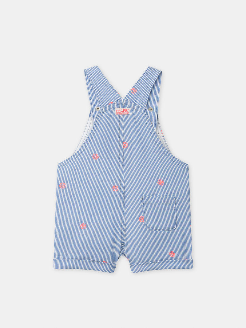 Salopette courte à rayures bleues et broderies fleurs Bébé Fille