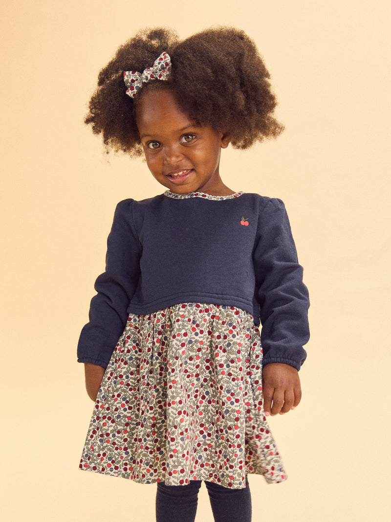 Robe bi-matière haut bleu marine et bas imprimé baies Bébé Fille