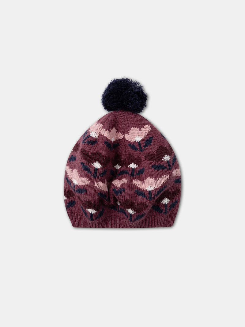 Béret jacquard floral à pompon Fille