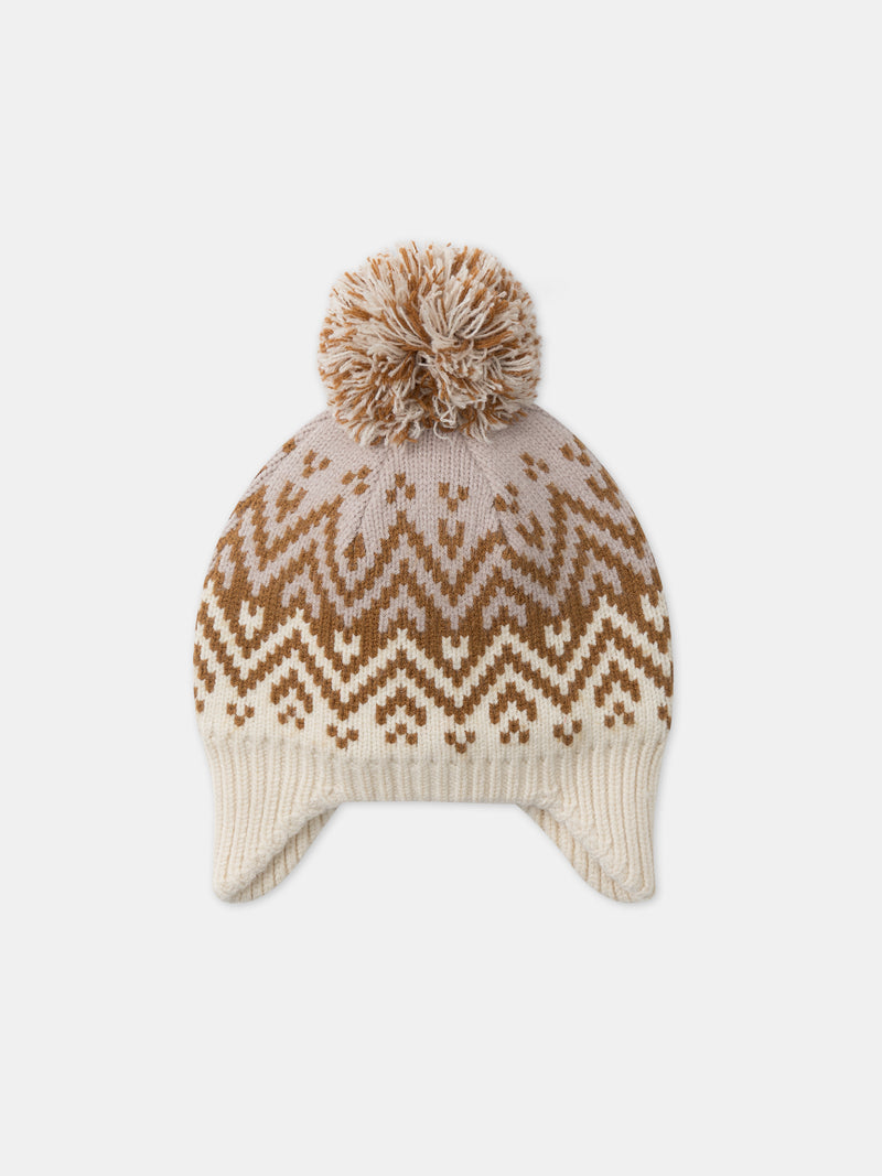 Bonnet cache-oreilles écru et beige avec pompom Fille
