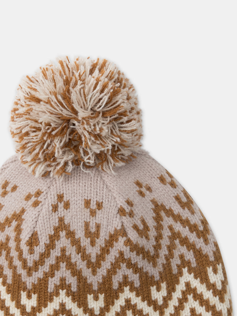 Bonnet cache-oreilles écru et beige avec pompom Fille