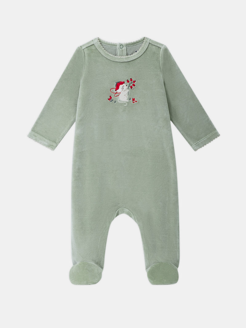 Grenouillère en velours vert sauge à broderie souris et fruits Bébé Fille