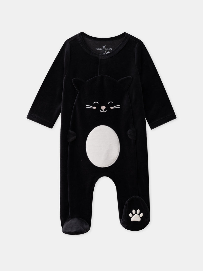 Grenouillère noir chat en velours + bonnet Bébé Fille