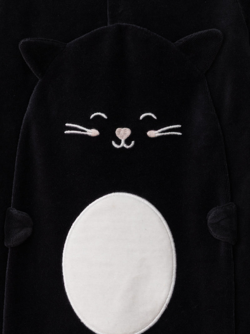 Grenouillère noir chat en velours + bonnet Bébé Fille