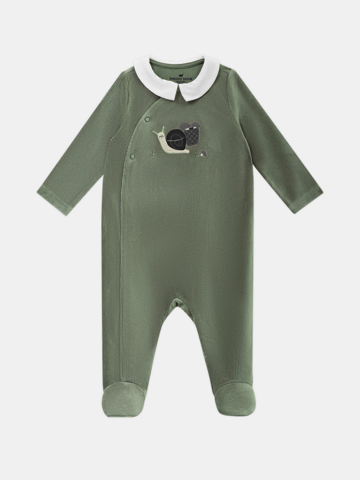 Grenouillère en velours vert grisé à broderie escargot Bébé Garçon