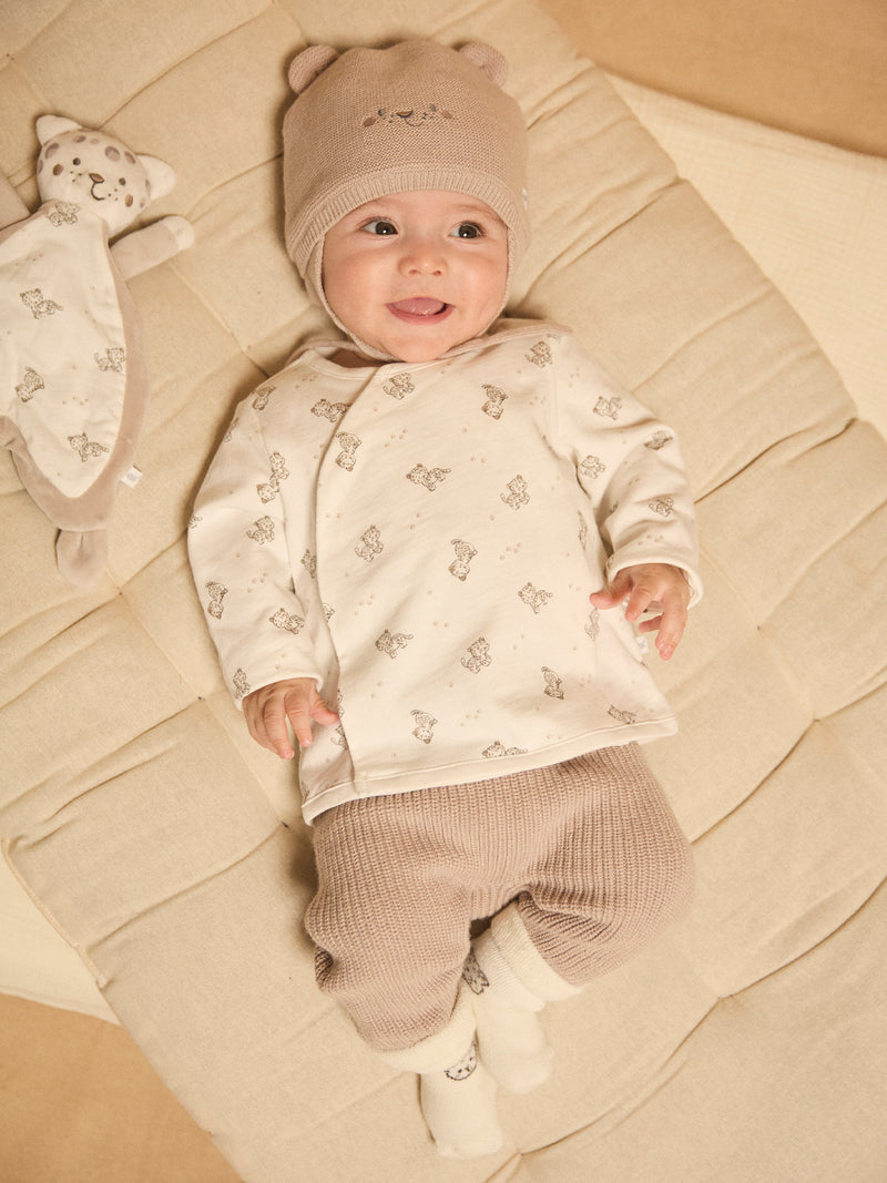 Bonnet gris en tricot visage animal Naissance Garçon