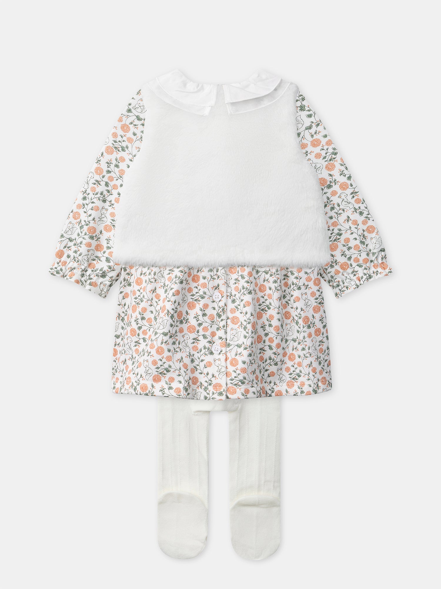 Ensemble robe imprimé fleuri + gilet + collant Naissance Fille