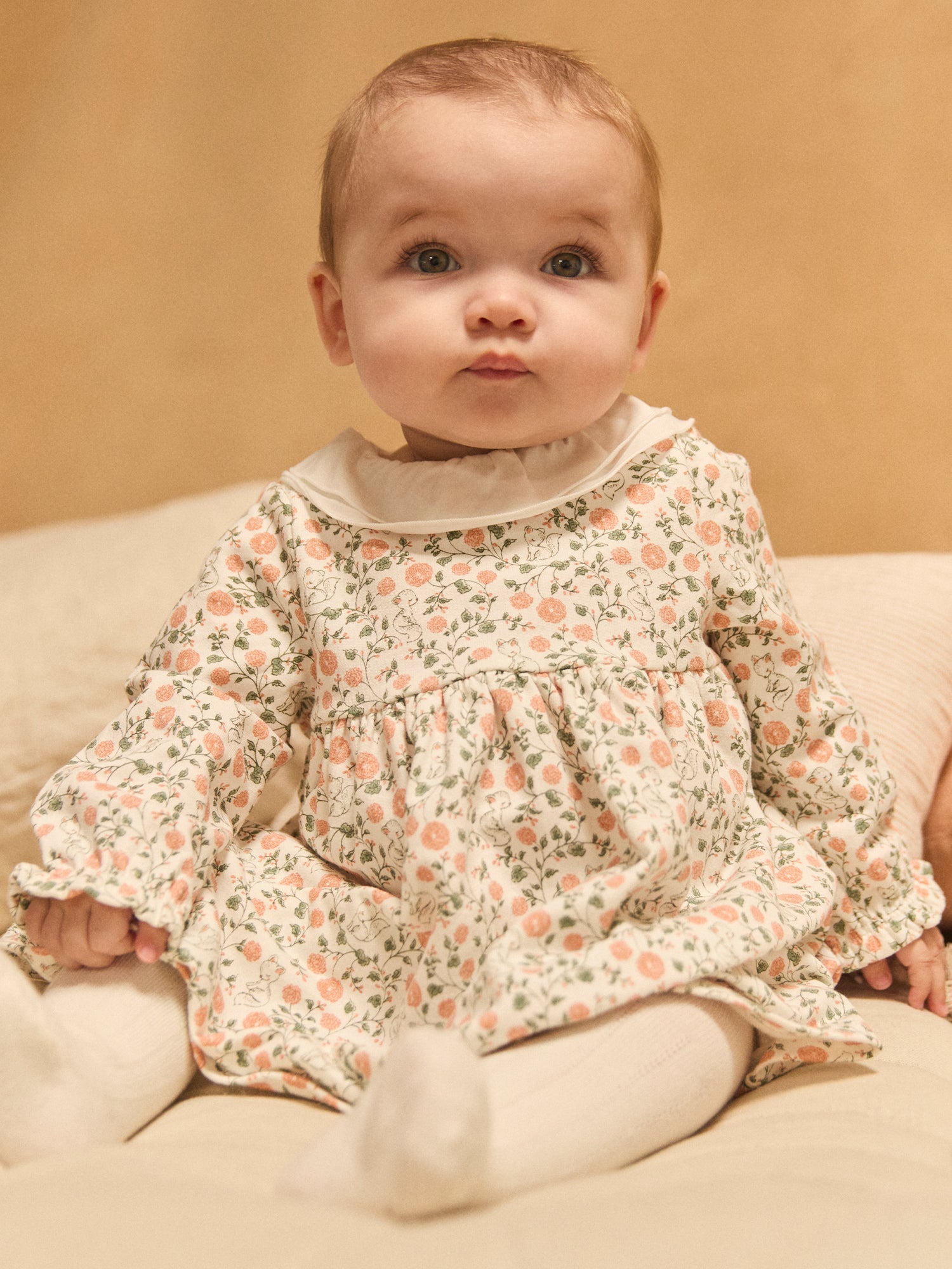 Ensemble robe imprimé fleuri + gilet + collant Naissance Fille