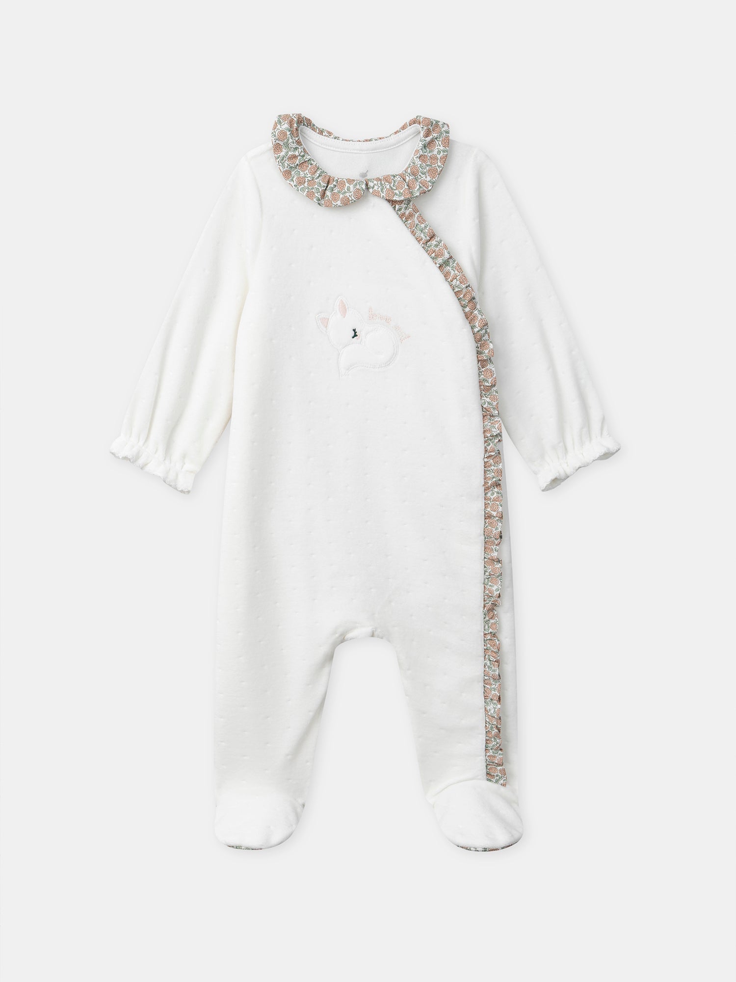 Grenouillère blanche en velours et fleuri Naissance Fille