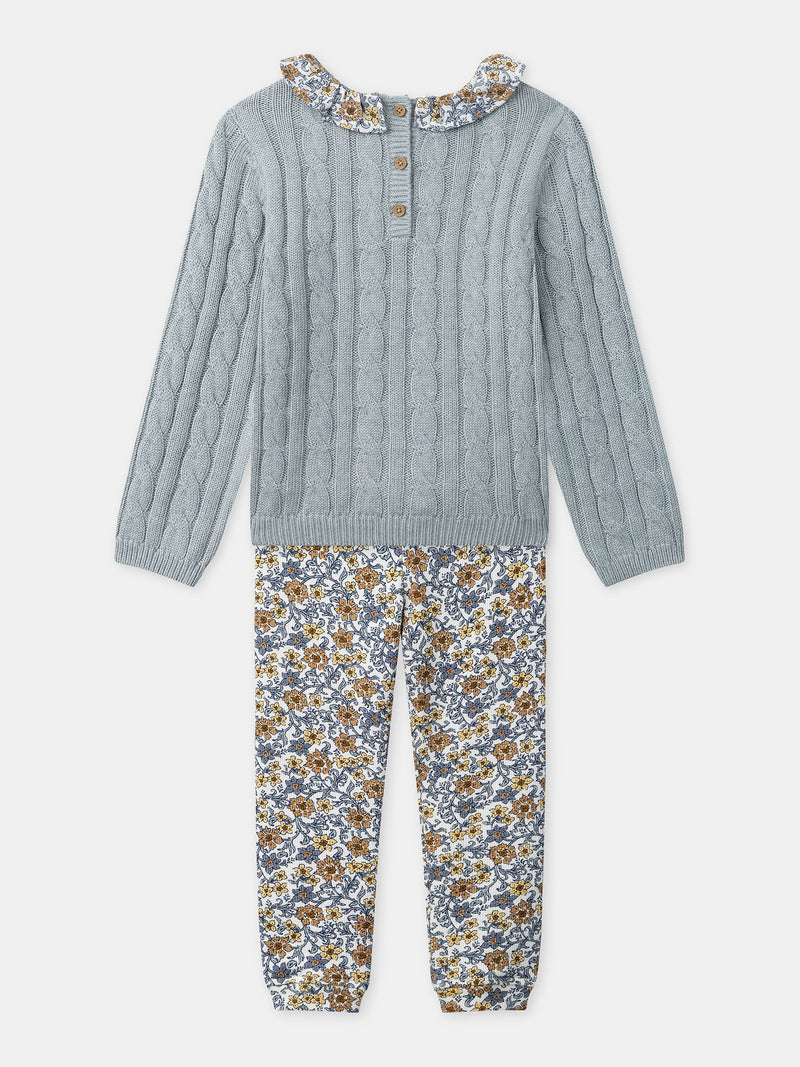 Ensemble pull bleu grisé et legging imprimé fleuri Bébé Fille