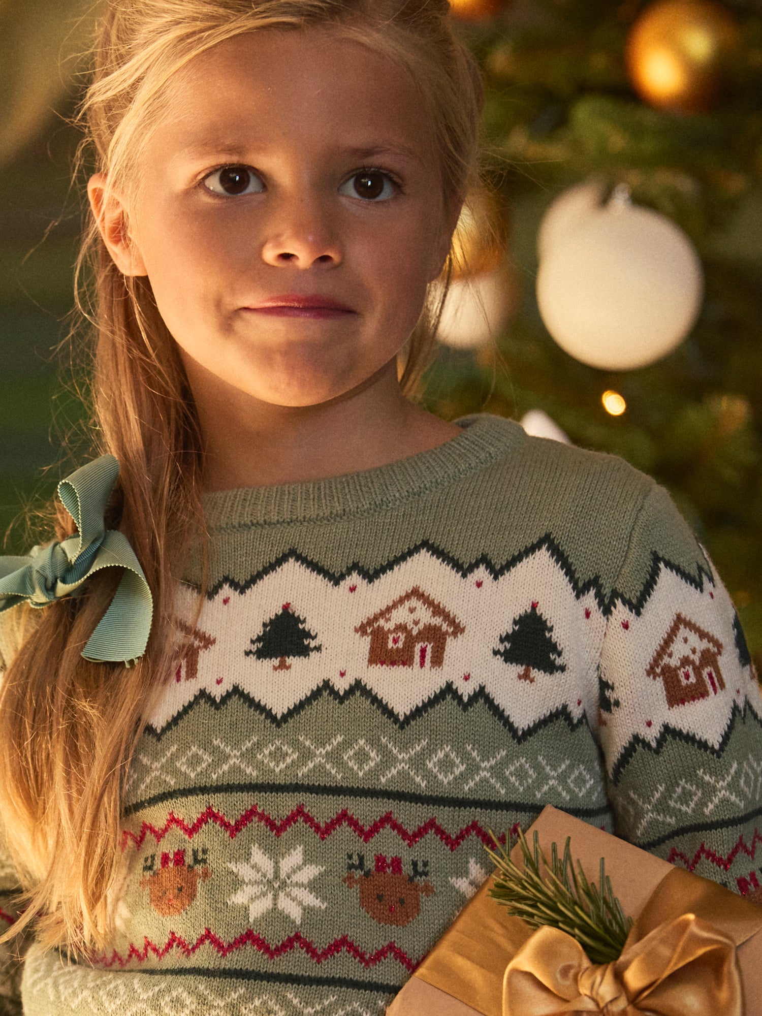 Pull de noël vert sauge Fille