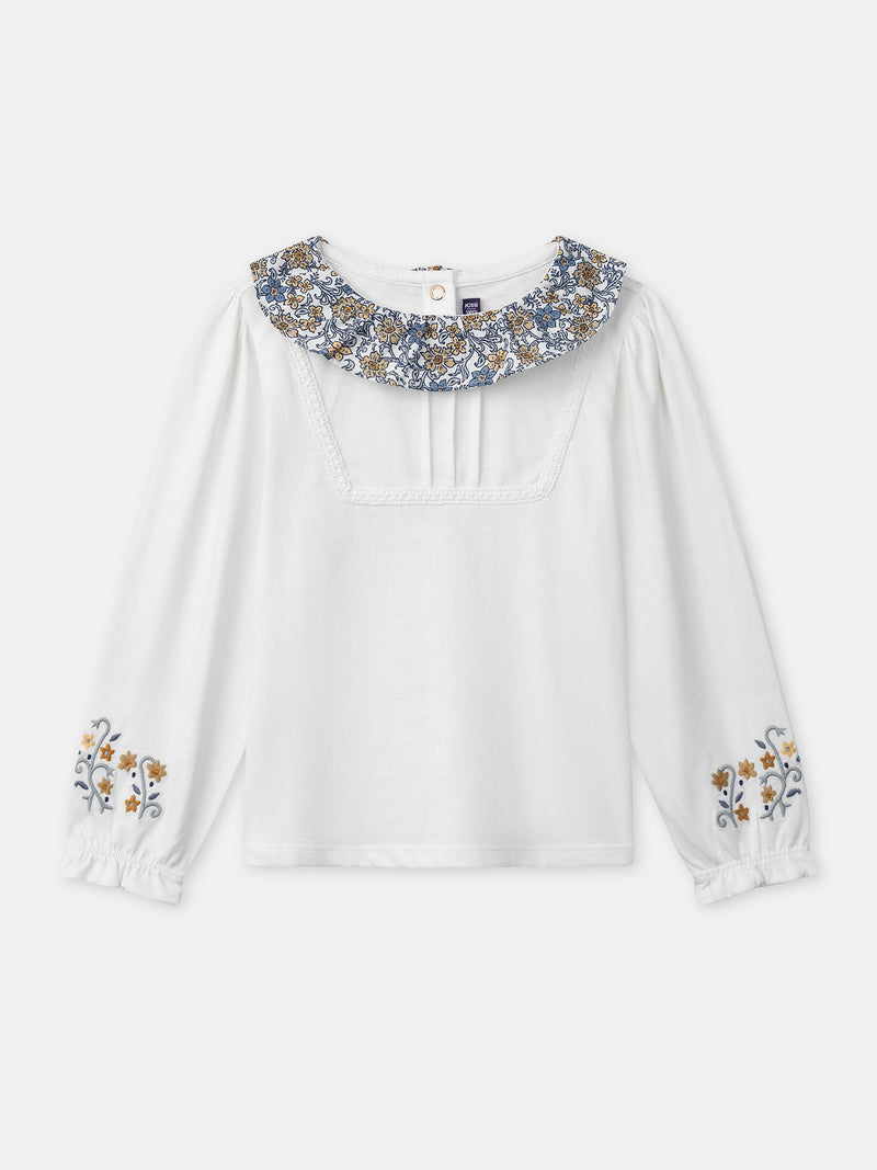 T-shirt blanc à col imprimé fleuri et manches longues Fille
