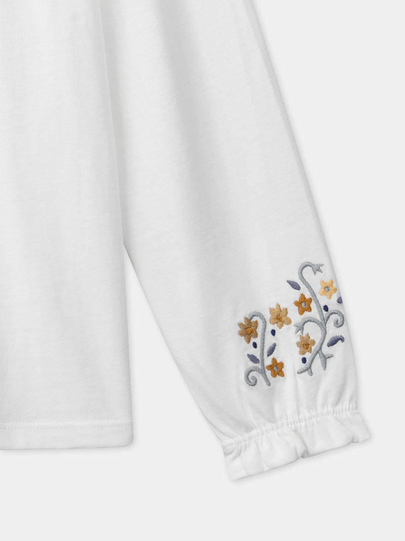 T-shirt blanc à col imprimé fleuri et manches longues Fille