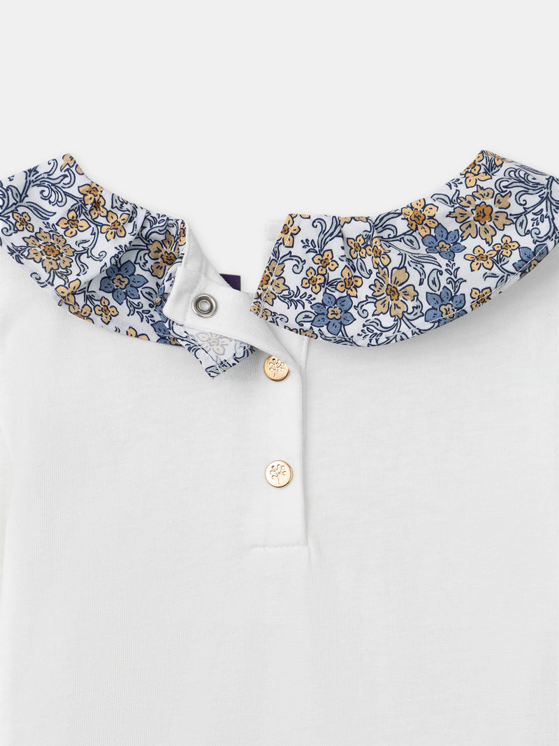 T-shirt blanc à col imprimé fleuri et manches longues Fille