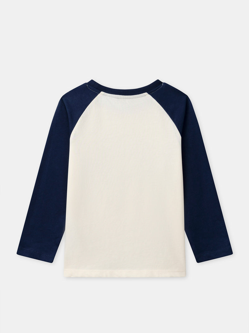 T-shirt bleu et écru imprimé dinosaure à manches longues Garçon