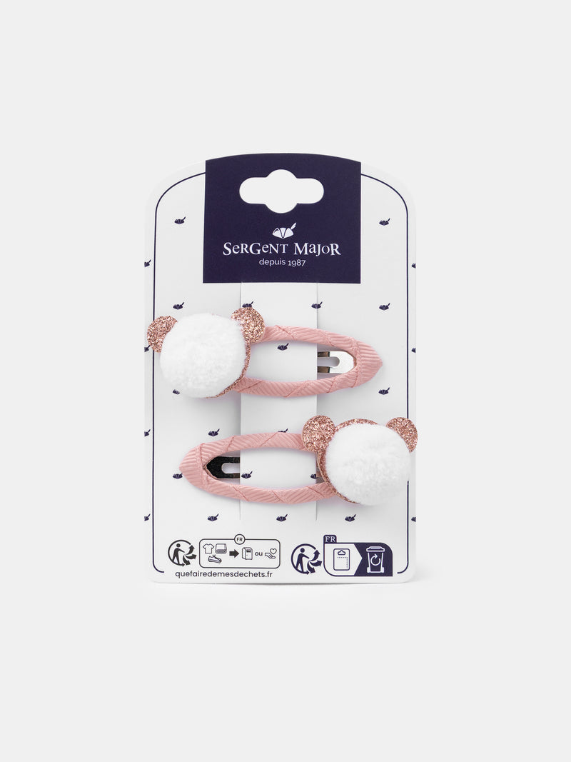 2 barrettes rose ponpom ourson Fille