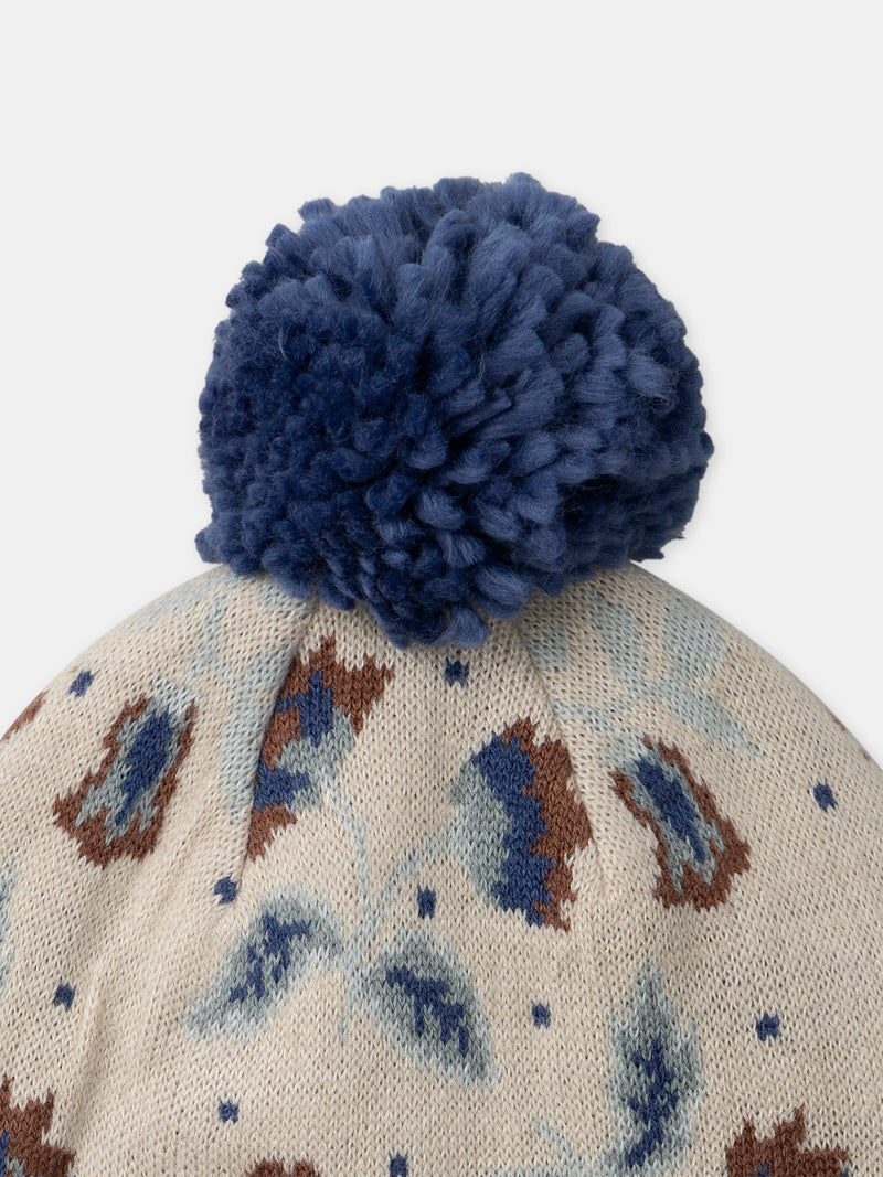 Bonnet beige en maille à motif fleurs avec pompom Fille