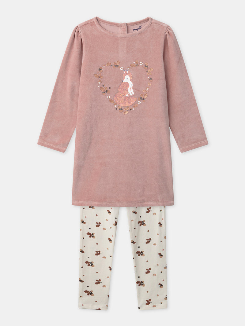 Chemise de nuit rose en velours imprimé renard et glands Fille