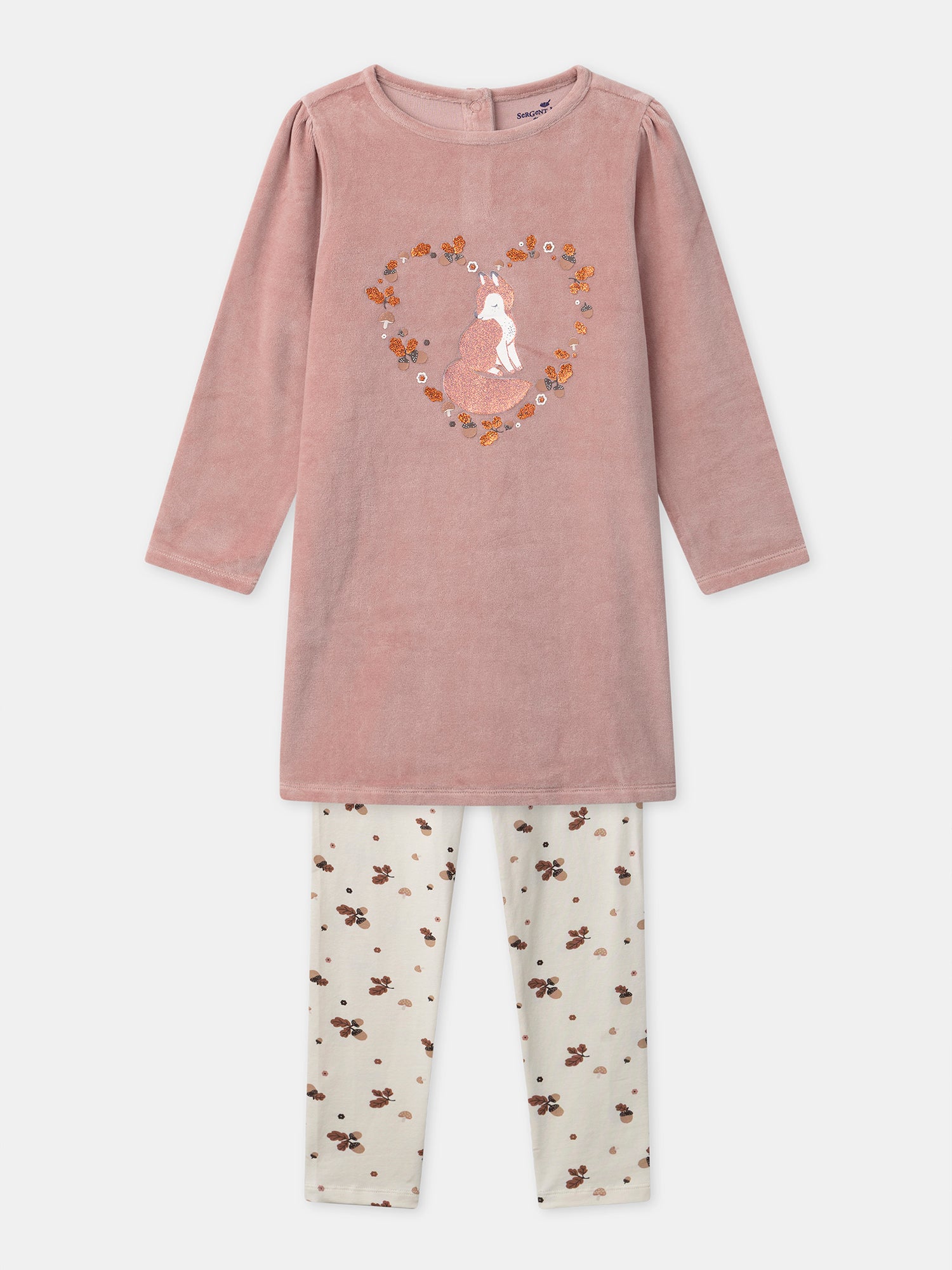 Chemise de nuit rose en velours imprimé renard et glands Fille