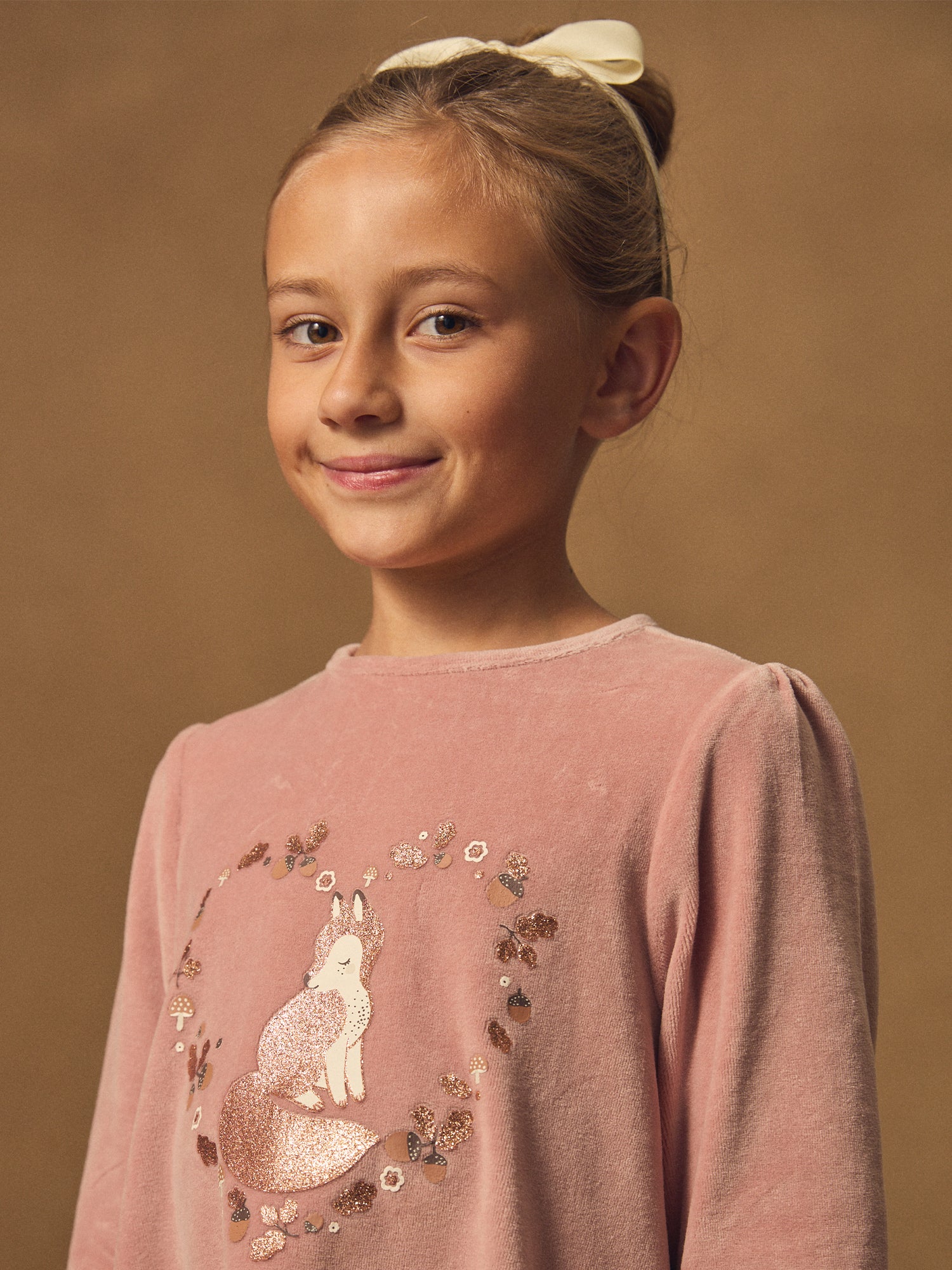 Chemise de nuit rose en velours imprimé renard et glands Fille