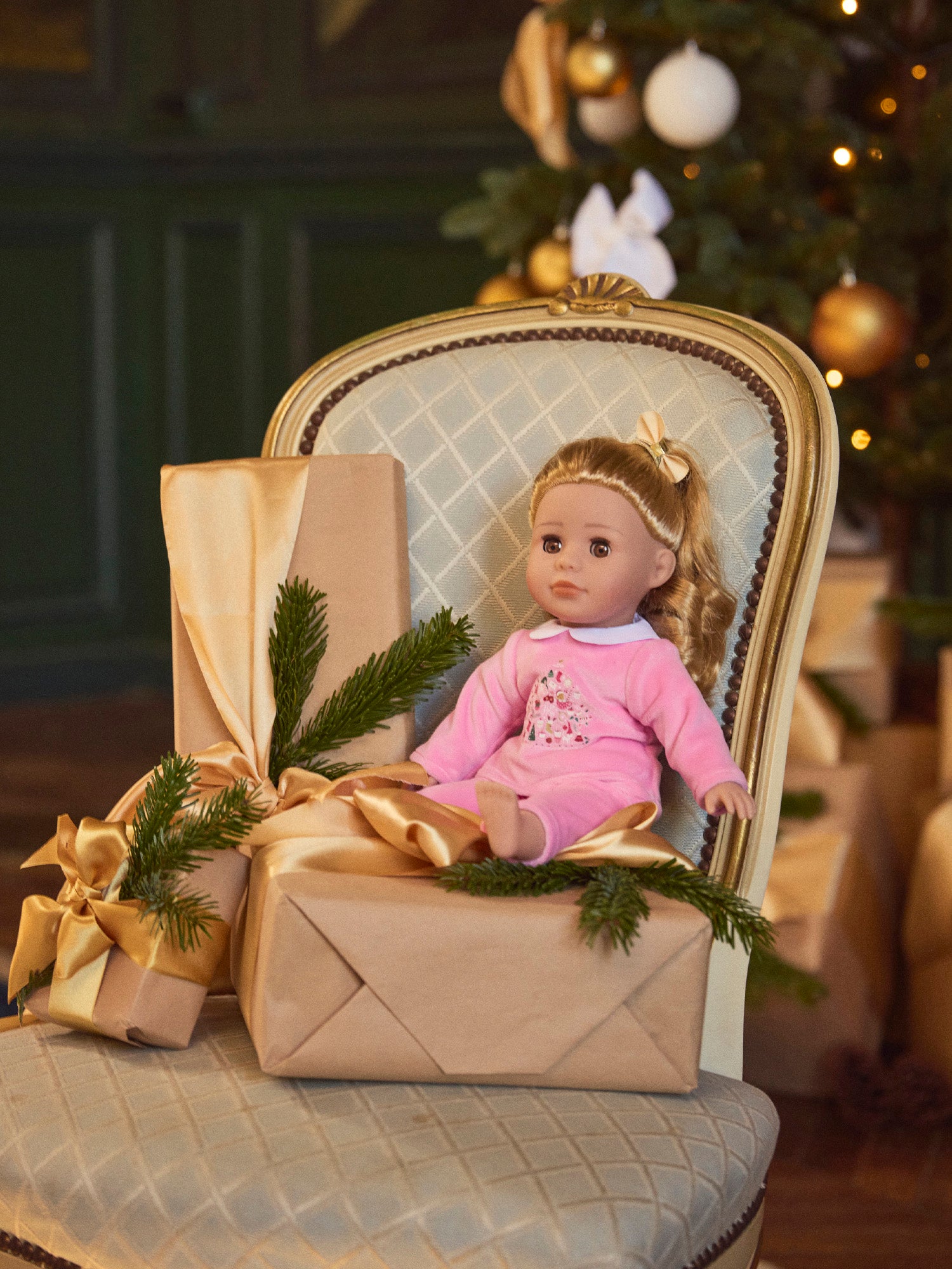 Pyjama poupée rose en velours imprimé noël