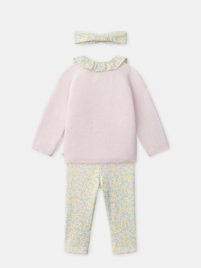 Ensemble pull rose + legging fleuri + bandeau fleuri Naissance Fille