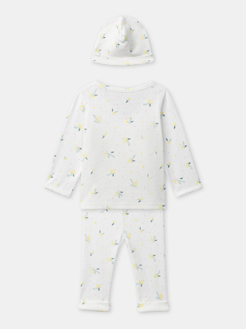Ensemble haut + pantalon + bonnet imprimé feuillage Naissance Fille