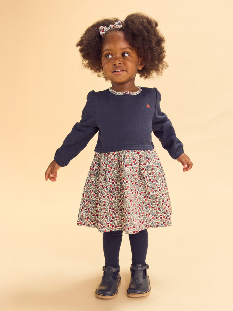 Robe bi-matière haut bleu marine et bas imprimé baies Bébé Fille