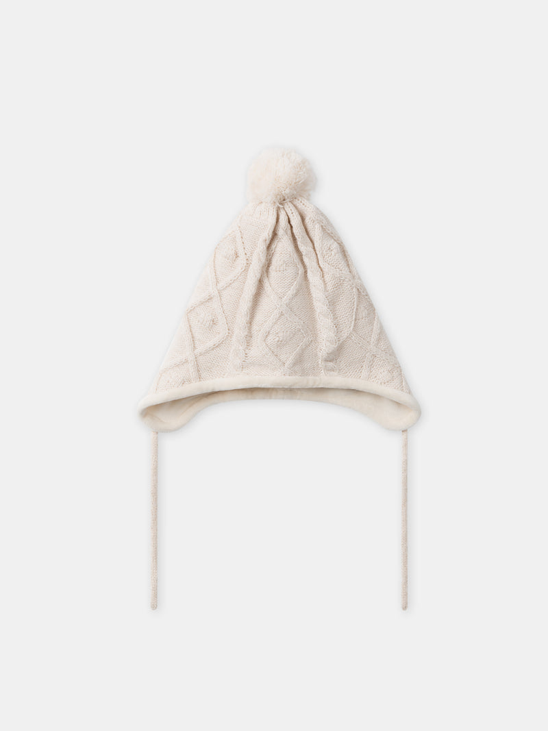 Bonnet écru frisés avec pompom en fourrure Fille