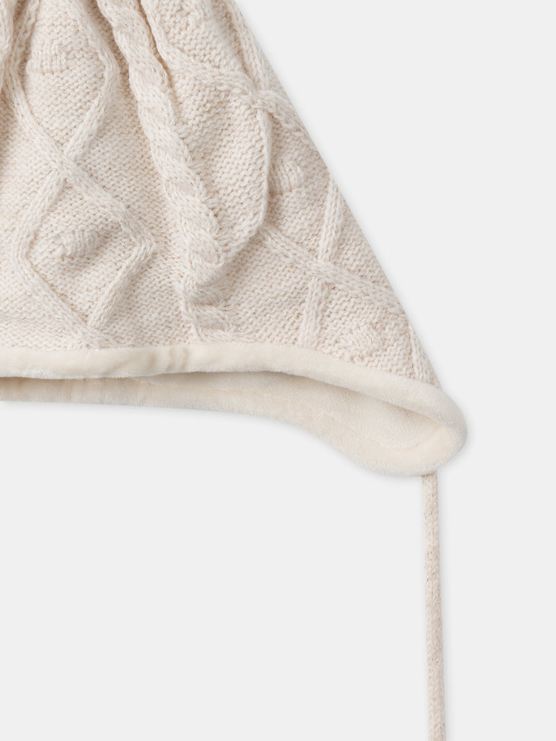 Bonnet écru frisés avec pompom en fourrure Fille